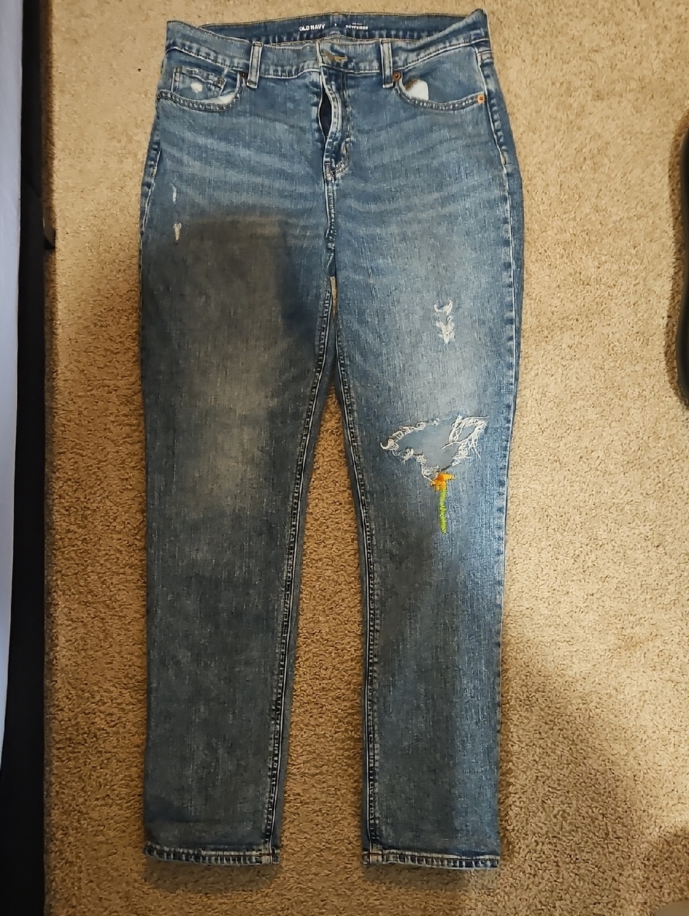 Old Navy Blue Skinny Jeans with Distressed Detail and Small Embroidery